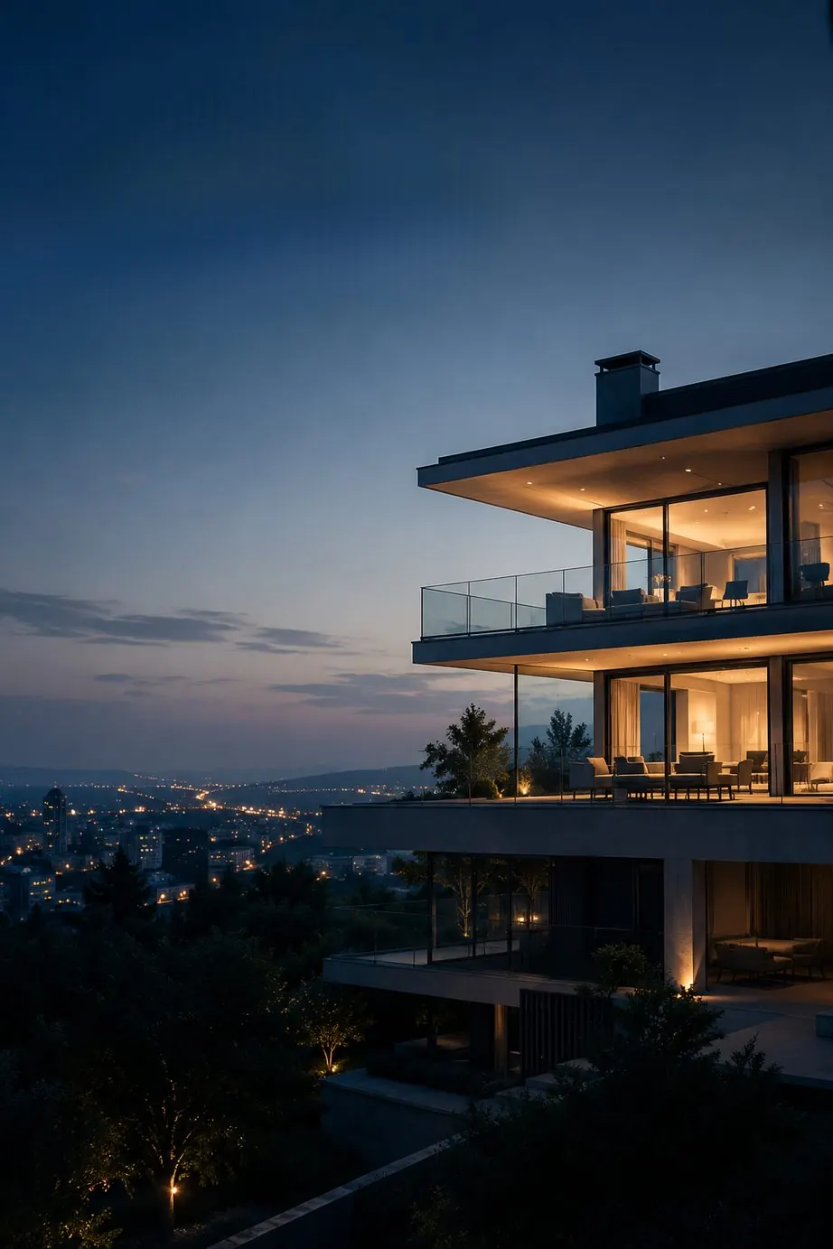 Residenza moderna al crepuscolo con la città illuminata sullo sfondo